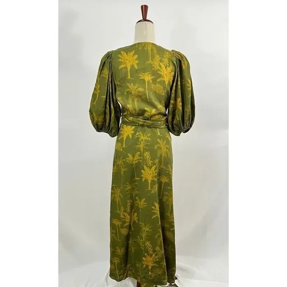 JUAN DE DIOS Sz M/L Ermita Wrap Around Midi Dress Green Palms Linen - Picture 6 of 16
